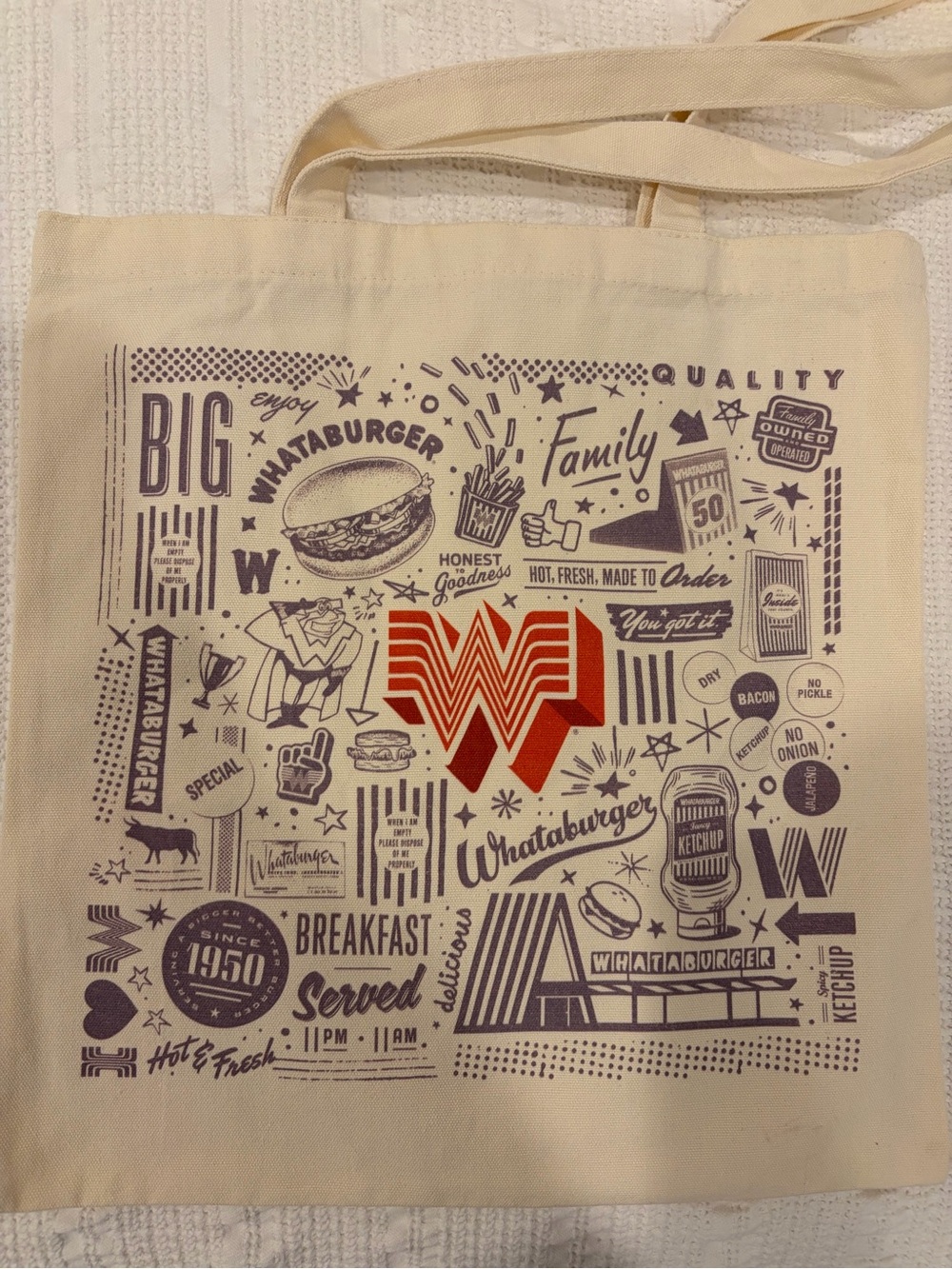 Cream Shoulder Tote with Red Logo and Graphic Print